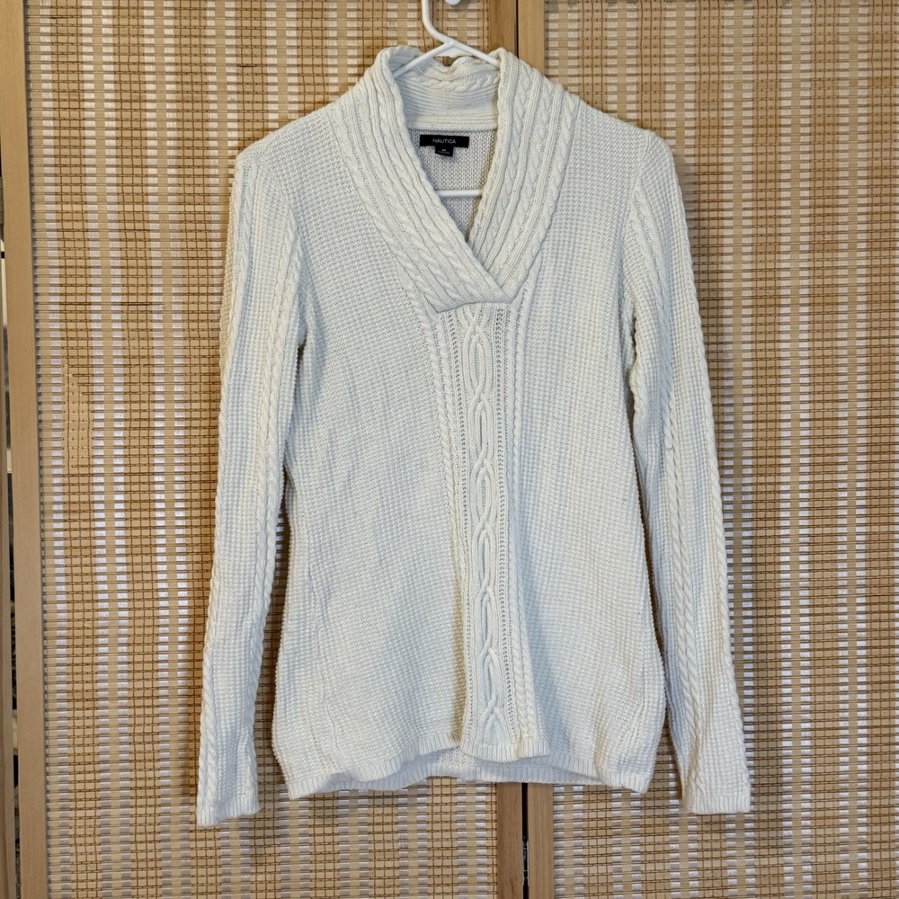 Nautica Womens M Cream Cableknit Sweater‎ Preppy Minimalist Nautical Office